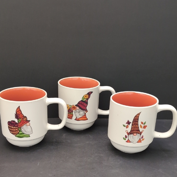 Sheffield Home Ceramic White/Orange Mug Set with Whimsical Gnome Designs. - Picture 1 of 9